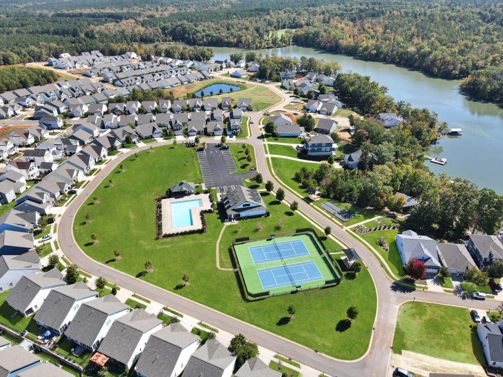 Aerial view of Edgewater homes, amenities and Fishing Creek Lake in Lancaster, SC